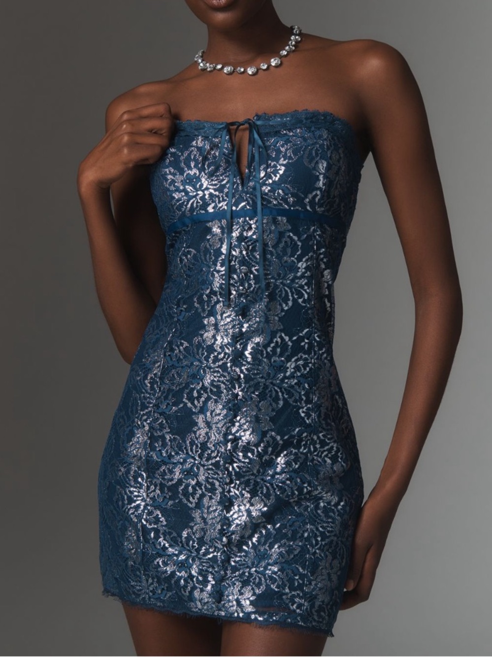 🟤NWT MAEVE by ANTHROPOLOGIE Strapless Metallic Mini Dress in Midnight Sail LARGE
